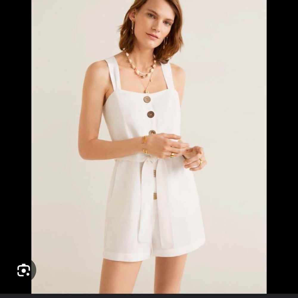 Mango White Button Up Linen Romper
